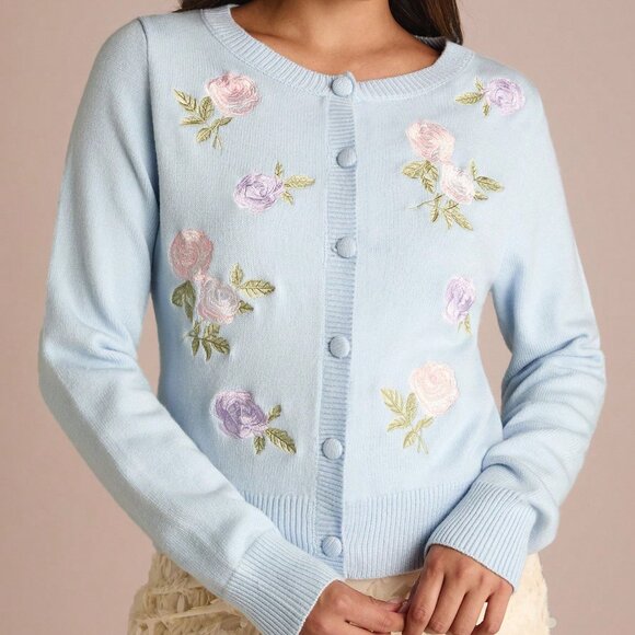 Baby Blue Romantic Women's Floral Embroidered Long Sleeve Knit Cardigan - Picture 1 of 7